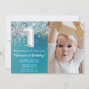 Invitation Fête d'anniversaire de 1 an Photo Pailleté Argent