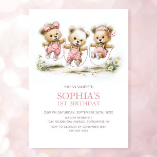 Invitation Fête d'anniversaire de 1 an pour fille avec ours e