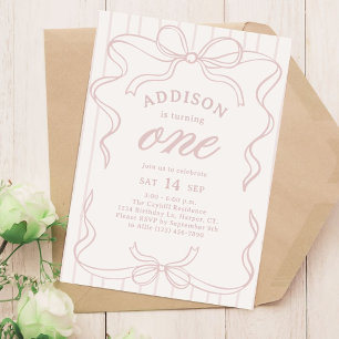 Invitation Fête d'anniversaire de 1 an pour fille avec un nœu