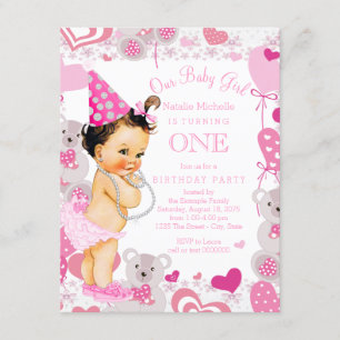 Invitation Fête d'anniversaire de 1 an pour filles aux coeurs