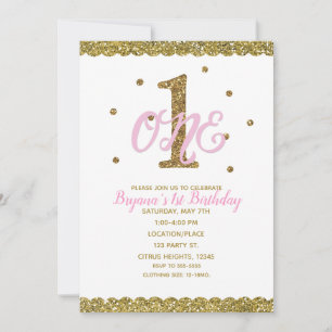 Invitation Fête d'anniversaire de 1 an pour filles Rose & Or