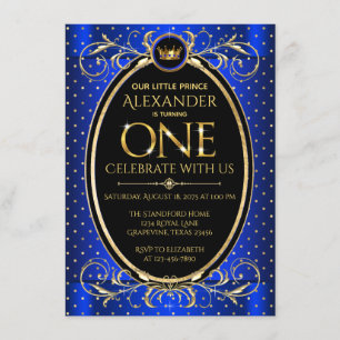 Invitation Fête d'anniversaire de 1 an Prince Bleu Royal Or