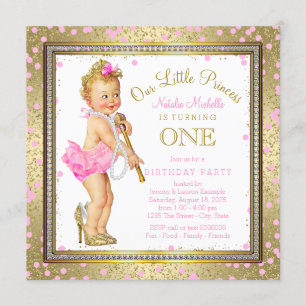 Invitation Fête d'anniversaire de 1 an Princesse Filles Rose 