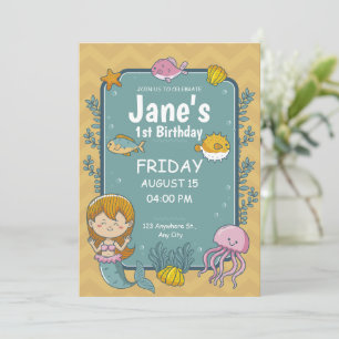 Invitation Fête d'anniversaire de 1 an Sirène sous la mer