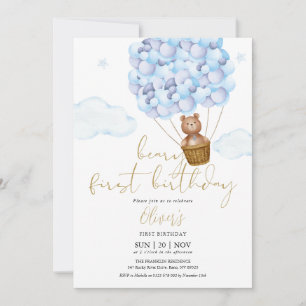 Invitation Fête d'anniversaire de 1 an Teddy Bear Blue Ballon
