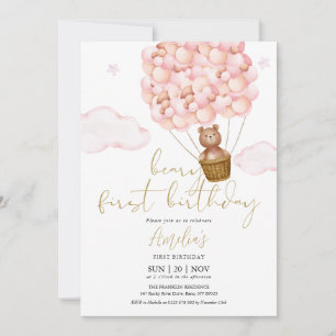 Invitation Fête d'anniversaire de 1 an Teddy Bear Pink Balloo