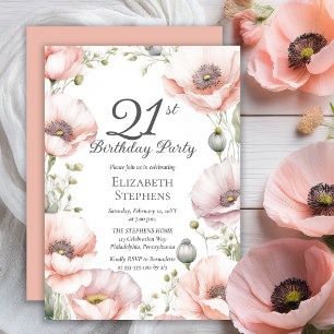 Invitation Fête d'anniversaire de 21 ans aux coquelicots rose