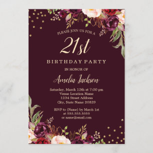 Invitation Fête d'anniversaire de 21 ans Gold Burgundy floral