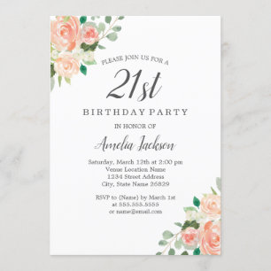 Invitation Fête d'anniversaire de 21 ans Peach Blush aquarell