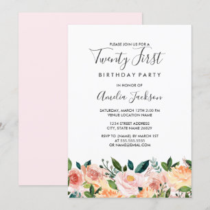 Invitation Fête d'anniversaire de 21 ans Peach Blush aquarell