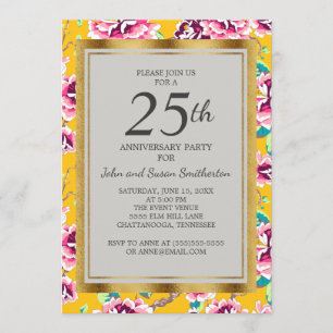 Invitation Fête d'anniversaire de 25 ans Floral Rose Moutarde