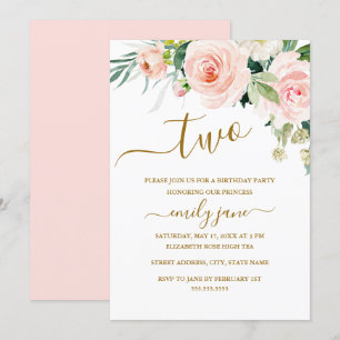 Invitation Fête d'anniversaire de 2 ans aux fleurs d'or rose