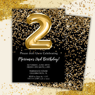 Invitation Fête d'anniversaire de 2 ans Black Gold Kids Girl