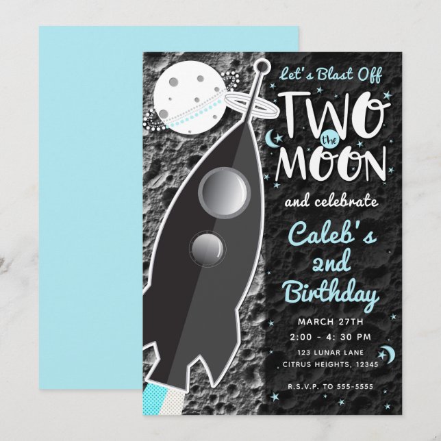 Invitation Fête d'anniversaire de 2 ans de la fusée spatiale  (Devant / Derrière)