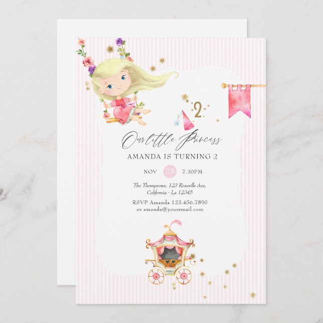 Invitation Fête d'anniversaire de 2 ans de la princesse rose  (Devant / Derrière)