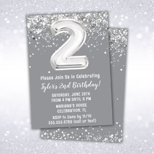 Invitation Fête d'anniversaire de 2 ans Gris Argent