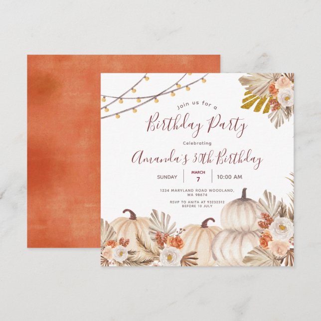 Invitation Fête d'anniversaire de 30 ans de citrouille Boho P (Devant / Derrière)