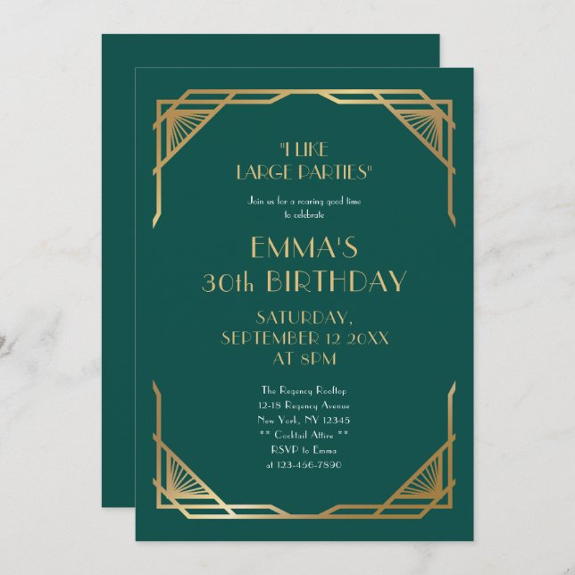 Invitation Fête d'anniversaire de 30 ans de style Gatsby en o (Devant / Derrière)