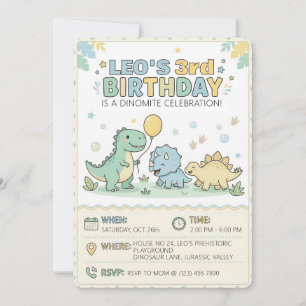 Invitation Fête d'anniversaire de 3 ans de bébé dinosaure pas
