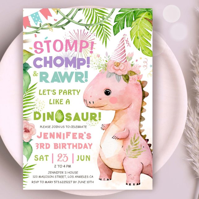 Invitation Fête d'anniversaire de 3 ans Dinosaure Filles Dino (#DinosaurBirthdayInvitation #DinosaurBirthdayInvite #GirlDinosaurBirthdayInvitation)
