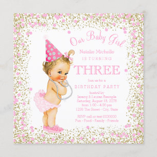 Invitation Fête d'anniversaire de 3 ans pour filles Rose Pail