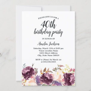 Invitation Fête d'anniversaire de 40 ans à l'aquarelle violet