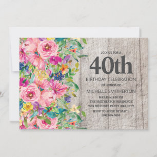 Invitation Fête d'anniversaire de 40 ans Bois rustique floral