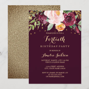 Invitation Fête d'anniversaire de 40 ans Burgundy Gold Floral