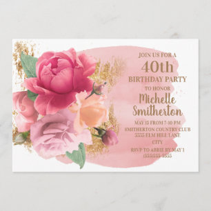 Invitation Fête d'anniversaire de 40 ans Fleurs roses Paillet