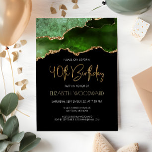 Invitation Fête d'anniversaire de 40 ans Green Gold Agate Geo