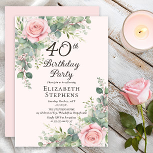 Invitation Fête d'anniversaire de 40 ans Rose Eucalyptus Blus