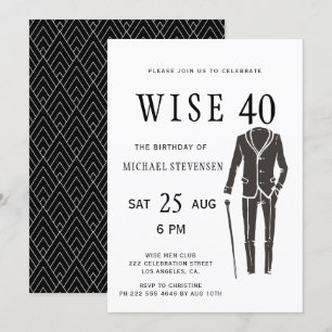Invitation fête d'anniversaire de 40 hommes en noir et blanc