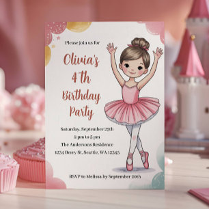 Invitation Fête d'anniversaire de 4 ans de ballerine pour enf