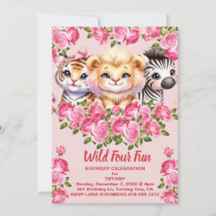 Invitation Fête d'anniversaire de 4 ans de fille rose sauvage