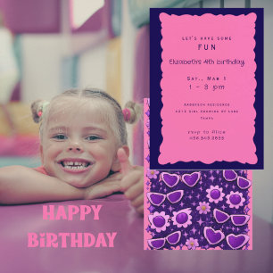 Invitation Fête d'anniversaire de 4 ans violet et rose fantai
