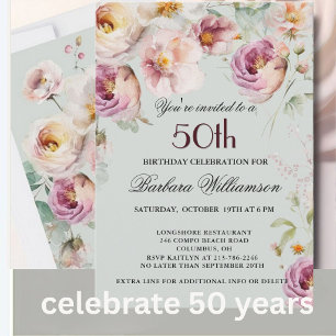 Invitation Fête d'anniversaire de 50 ans aux fleurs peintes é