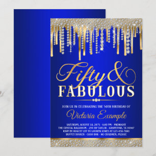 Invitation Fête d'anniversaire de 50 ans Blue Gold Diamond Dr
