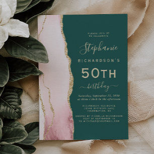 Invitation Fête d'anniversaire de 50 ans Blush Gold Agate Eme