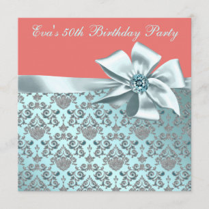Invitation Fête d'anniversaire de 50 ans en damassé bleu sarc