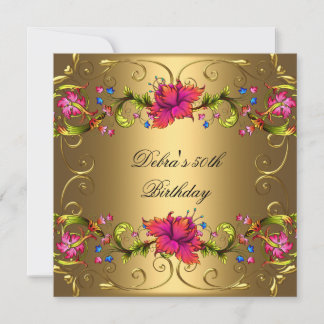 Invitation Fête d'anniversaire de 50 ans Fleurs roses or noir