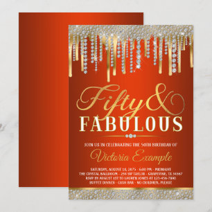 Invitation Fête d'anniversaire de 50 ans Red Gold Diamond Dri