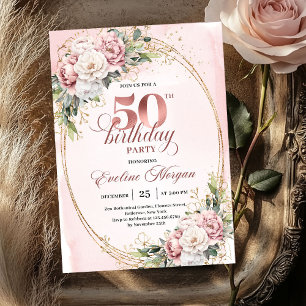 Invitation Fête d'anniversaire de 50 ans Rose Gold Greenery É