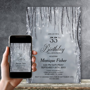 Invitation Fête d'anniversaire de 55 ans pailletée noire et a