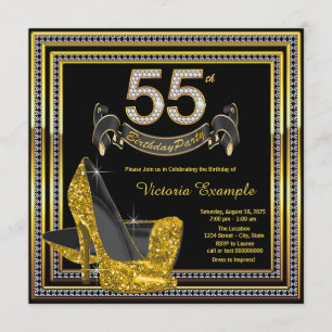 Invitation Fête d'anniversaire de 55 ans pour femme Black Gol