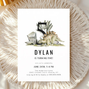 Invitation Fête d'anniversaire de 5 ans Dinosaure à l'aquarel