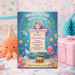 Invitation Fête d'anniversaire de 5 ans Mermaid Pink Under th