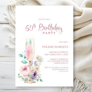 Invitation Fête d'anniversaire de 60 ans Floral Champagne Ros
