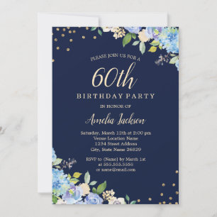 Invitation Fête d'anniversaire de 60 ans Sparkle Floral Bleu