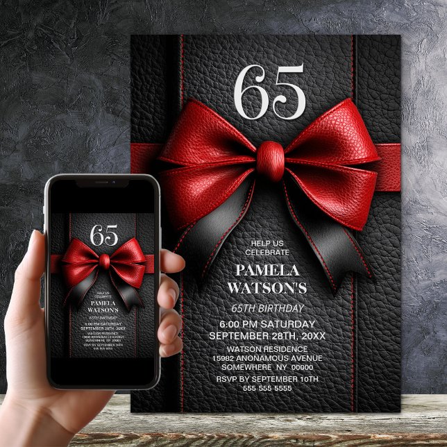 Invitation Fête d'anniversaire de 65 ans avec un nœud en cuir (Créateur téléchargé)
