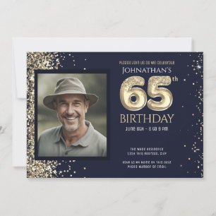 Invitation Fête d'anniversaire de 65 ans photo paillettes or 